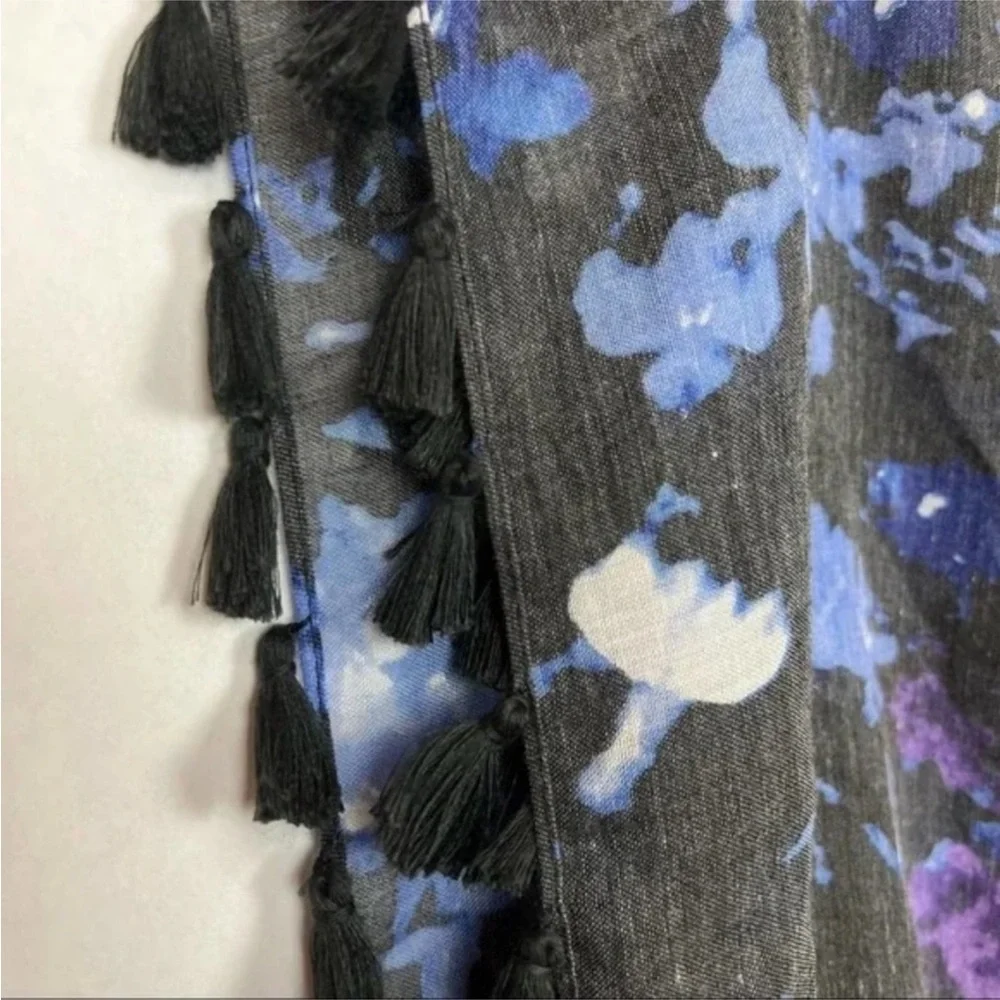 Peter Som Dream Floral Print beach fringe Sarong in Meteorite Black Blue